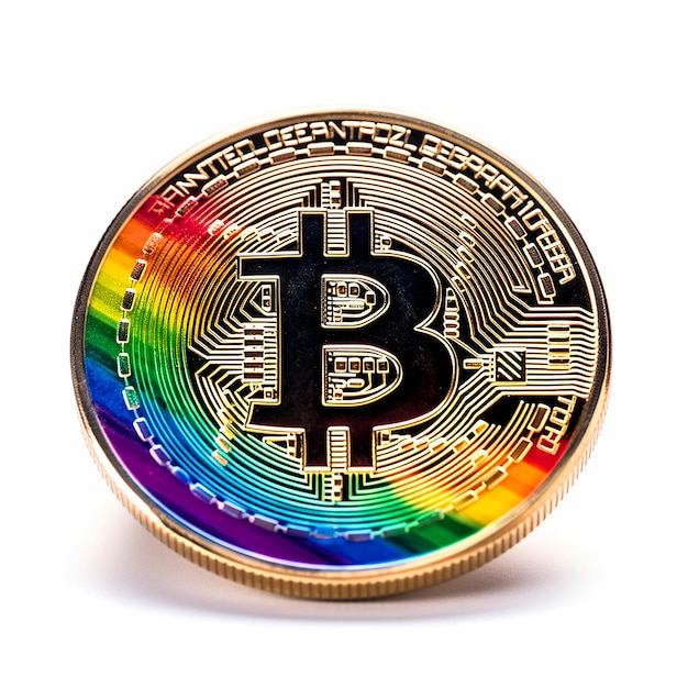 Moneda de criptomoneda Bitcoin de color arco iris en un fondo blanco de primer plano de intercambio de criptomonedas