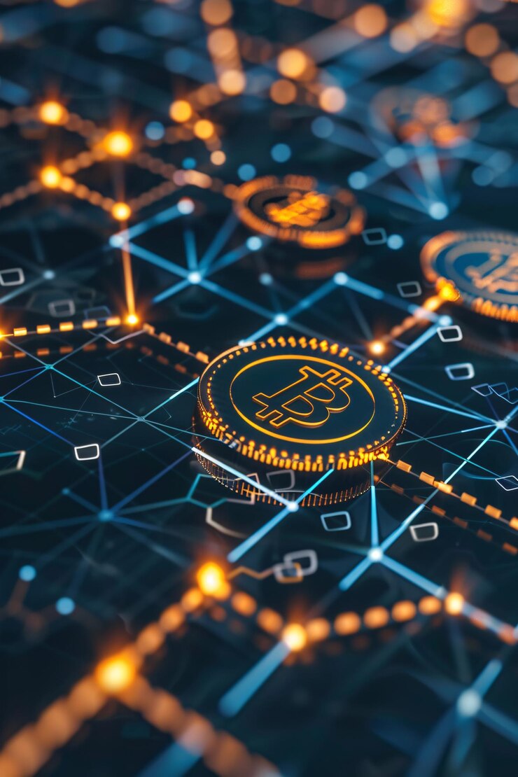 Moneda de criptomoneda Bitcoin de pie en una placa de circuitos que muestra nodos que brillan en la oscuridad