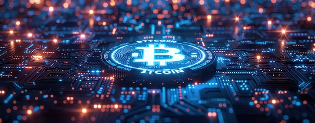 Moneda de criptomoneda Bitcoin en una placa de circuito