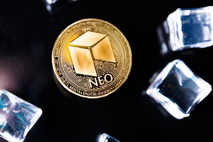 Foto moneda de criptomoneda golden neo golden sobre fondo negro oscuro con cubitos de hielo