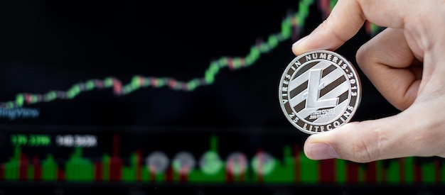 Moneda de criptomoneda de plata Litecoin LTC con fondo de gráfico de velas, Crypto es dinero digital