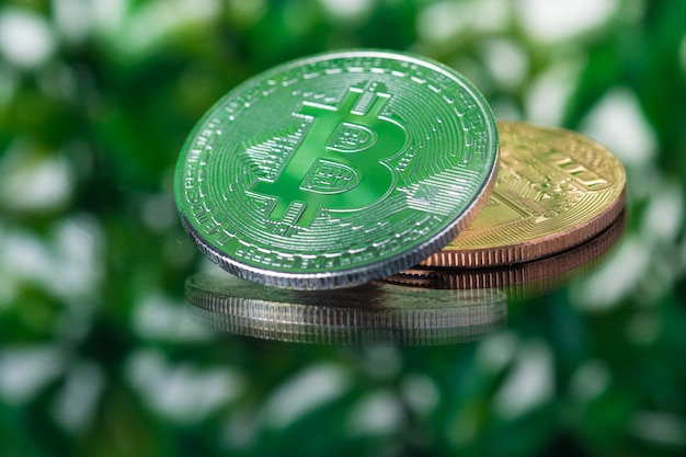 Moneda digital de Bitcoin en fondo borroso verde del bokeh