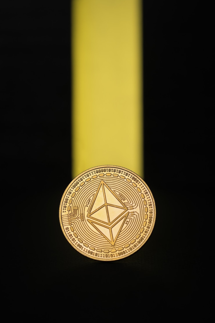 Foto moneda digital ethereum y un rayo amarillo sobre fondo negro. el concepto de subida del precio de las criptomonedas.