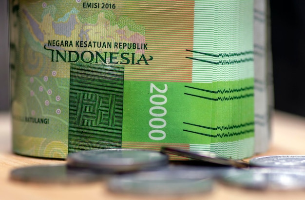 Moneda de dinero indonesio Rupiah en enfoque seleccionado