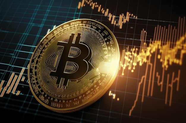 Moneda dorada de bitcoin en llamas con un gráfico de cotización alcista. Rayo Bitcoin Gold y Cash