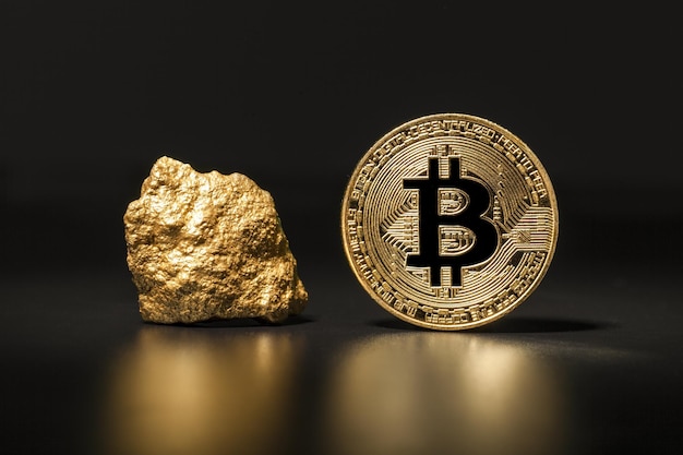 Moneda dorada de Bitcoin y montículo de oro. Criptomoneda Bitcoin. Concepto de negocio.