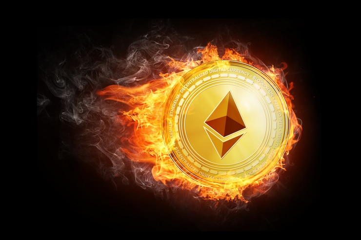 Foto moneda de ethereum dorado volando en llamas de fuego.
