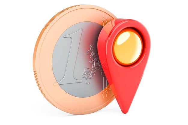 Moneda de euro con renderizado 3D de puntero de mapa