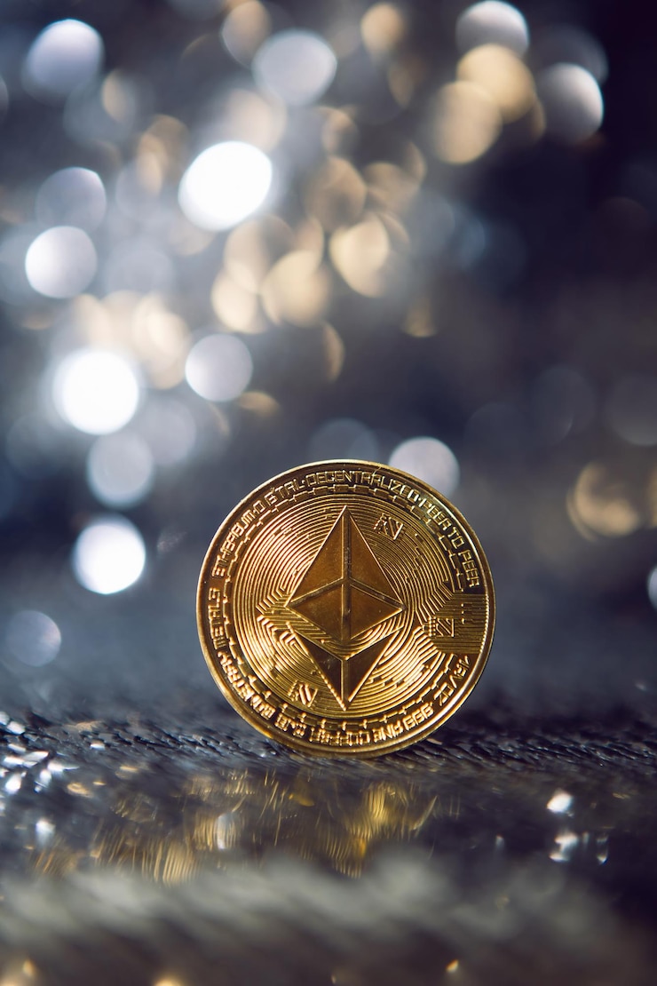 Foto moneda de hierro dorado ethereum sobre un fondo plateado brillante