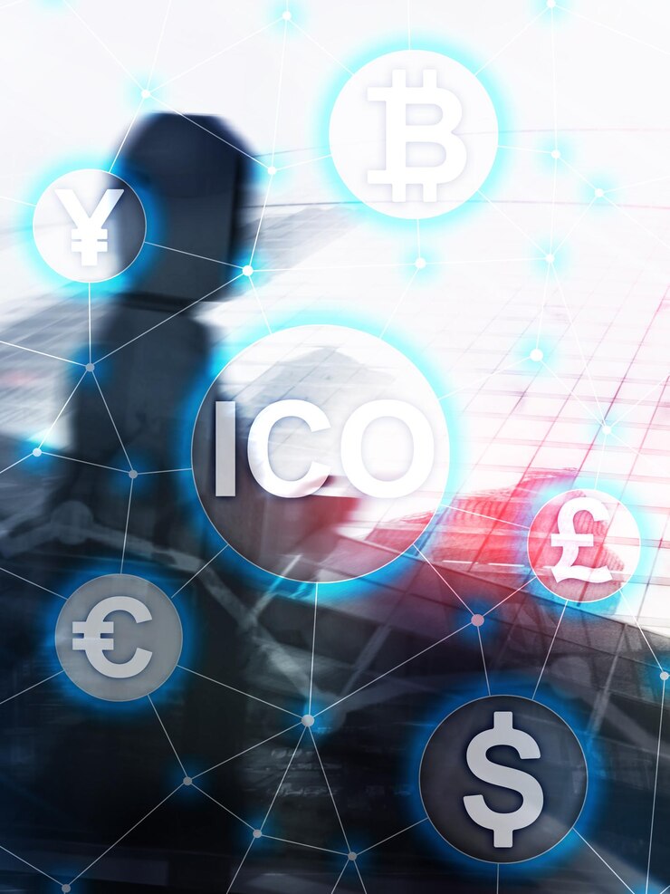 Foto moneda inicial de ico que ofrece blockchain y concepto de criptomoneda en el fondo borroso de la construcción de negocios diseño de portada abstracto formato vertical