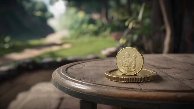 Moneda en una mesa de madera en la naturaleza borrosa