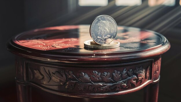 Moneda en una mesa de madera