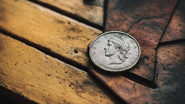 Moneda en una mesa de madera