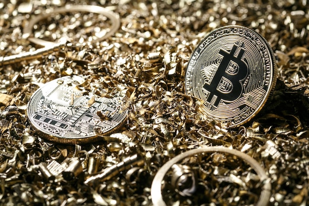 Moneda de metal dorado como versión simbólica de Bitcoin sobre un fondo de virutas de metal. Criptomoneda y nuevo concepto de sistema de pago digital.