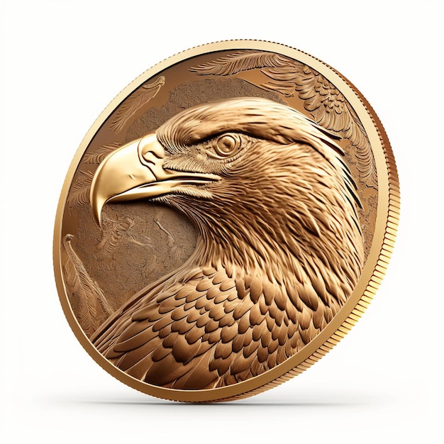 Moneda de oro con un águila sobre un fondo blanco.