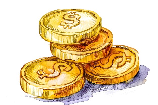 Moneda de oro apilada con el símbolo del dólar acuarela Clipart