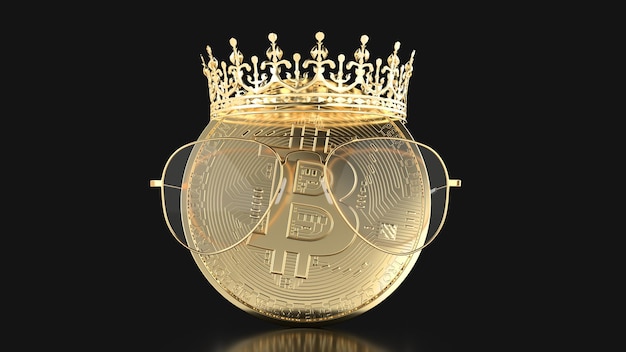 Moneda de oro bitcoin en copas y corona sobre fondo negro kocept rey bitcoin