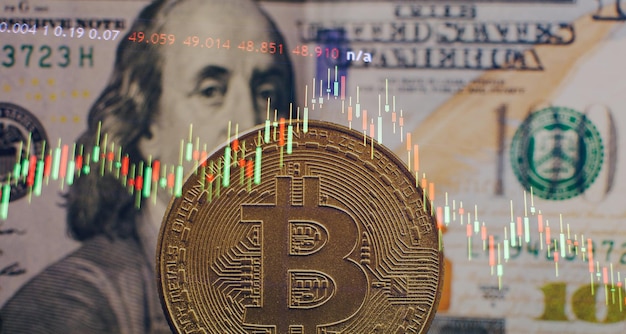 Moneda de oro de bitcoin de criptomoneda y fondo de gráfico desenfocado