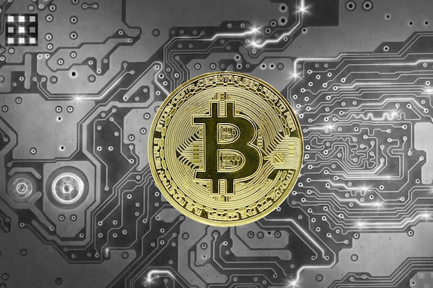 Moneda de oro Bitcoin y fondo desenfocado, concepto de criptomoneda virtual.