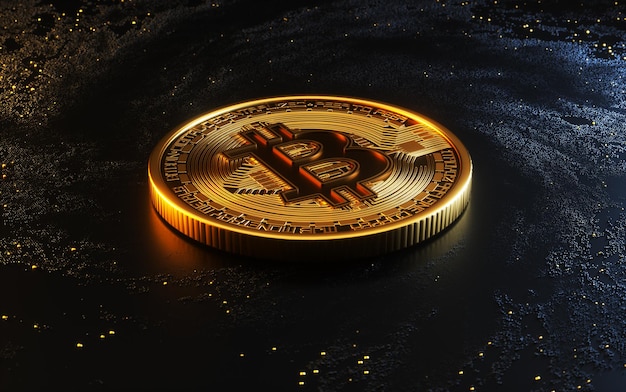 Moneda de oro bitcoin y fondo de partículas oscuras