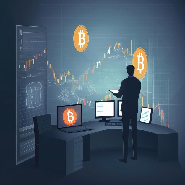 Moneda de oro de bitcoin con gráfico comercial en el portátil con monitor de pantalla