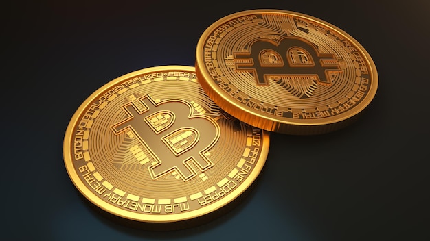 Moneda de oro bitcoin logotipo de criptomoneda y fondo oscuro