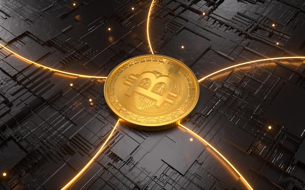 Moneda de oro bitcoin Logotipo de criptomoneda y fondo tecnológico abstracto