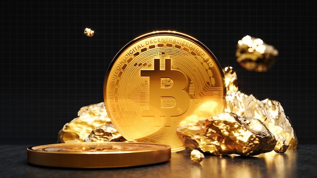 Moneda de oro Bitcoin con una pieza de oro