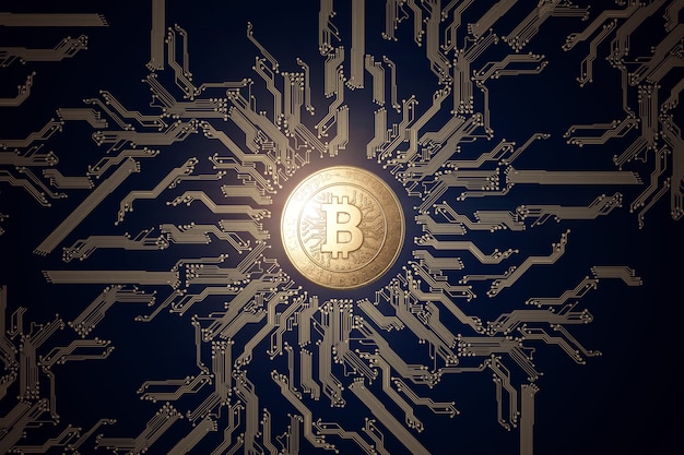 Moneda de oro Bitcoin sobre un fondo negro.