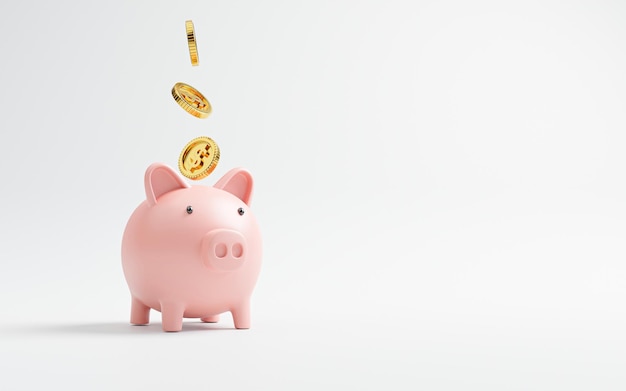 Moneda de oro cayendo a la alcancía rosa para ahorrar dinero e invertir en depósitos para obtener el concepto de ganancias y dividendos mediante la representación 3d