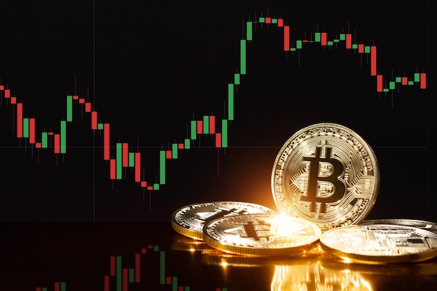 Moneda de oro de criptomoneda de Bitcoin Gráficos de alza y caída de Bitcoin