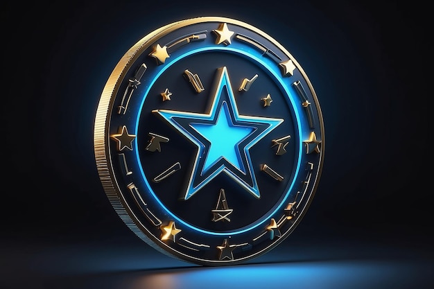 Moneda de oro y estrella con luces de neón azul futurista brillantes en negro