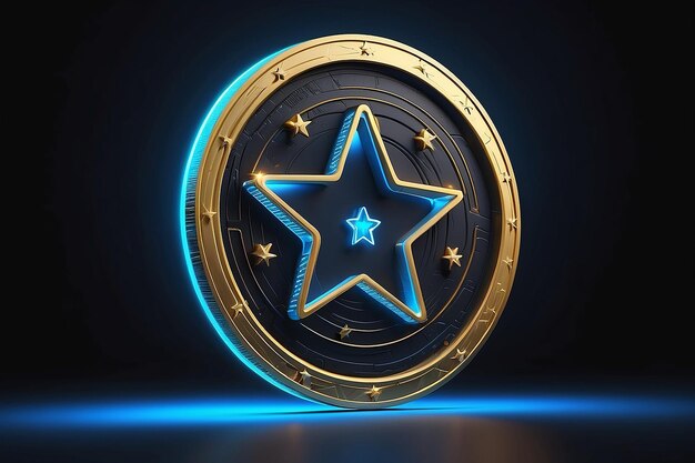 Moneda de oro y estrella con luces de neón azul futurista brillantes en negro