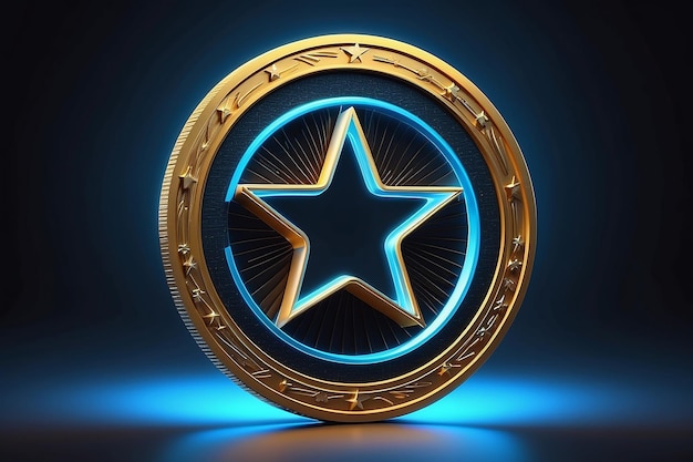 Moneda de oro y estrella con luces de neón azul futurista brillantes en negro