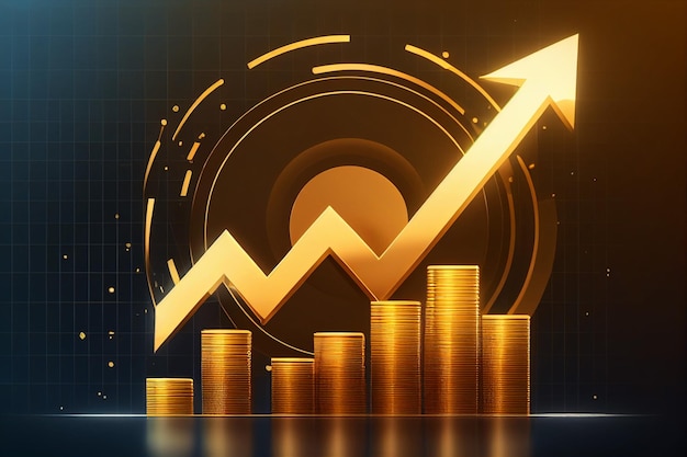 Moneda de oro y flecha con un gráfico de flecha de tendencia alcista Mercado de inversión de tendencia alcista IA generativa