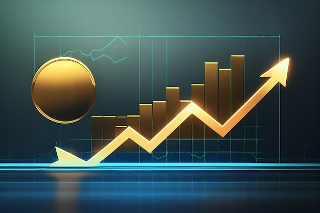 Moneda de oro y flecha con un gráfico de flecha de tendencia alcista Mercado de inversión de tendencia alcista IA generativa