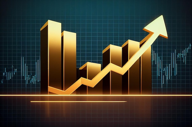 Moneda de oro y flecha con un gráfico de flecha de tendencia alcista Mercado de inversión de tendencia alcista IA generativa