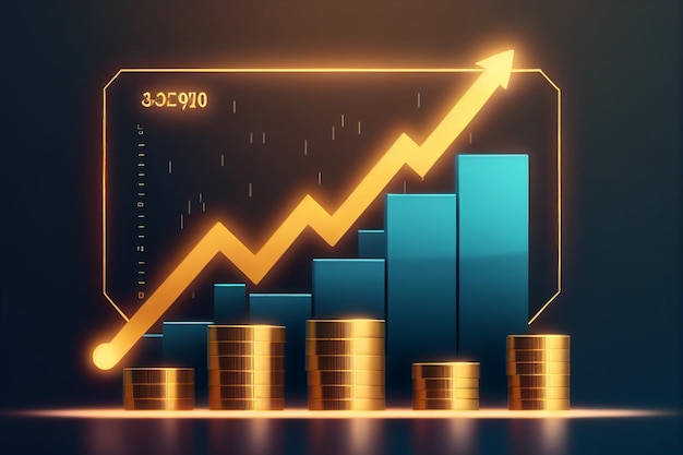 Moneda de oro y flecha con un gráfico de flecha de tendencia alcista Mercado de inversión de tendencia alcista IA generativa