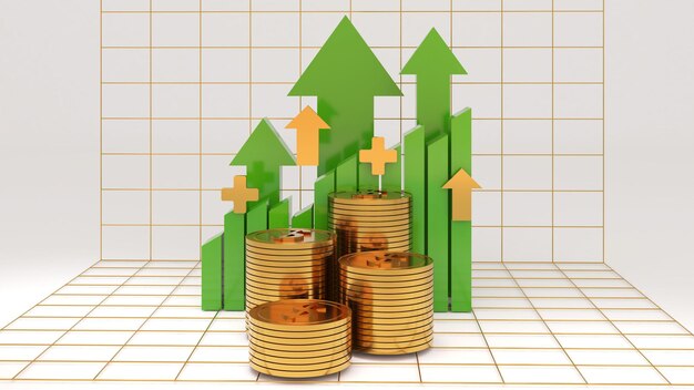 moneda de oro y flecha verde tendencia al alza sobre fondo blanco monedas de dólar de Estados Unidos y ahorros3d renderización