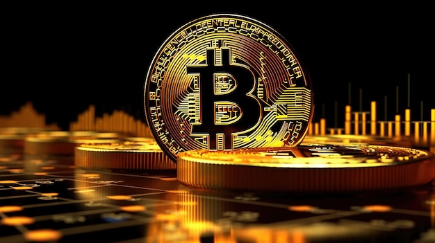 Moneda de oro generativa AI de Bitcoin Digital Cryptocurrency Mining o tecnología blockchain