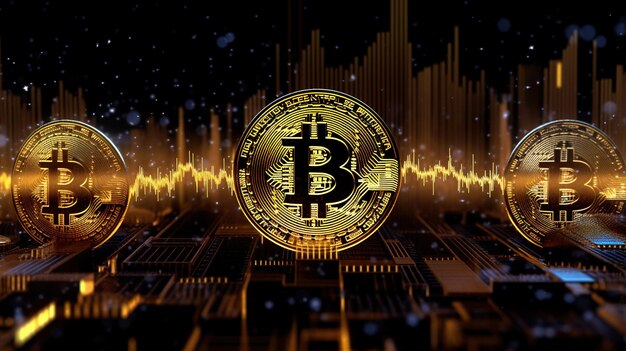 Moneda de oro generativa AI de Bitcoin Digital Cryptocurrency Mining o tecnología blockchain