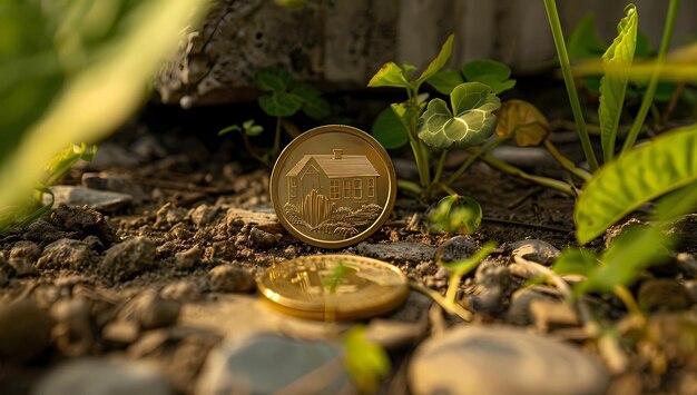 una moneda de oro con una imagen de una casa y plantas
