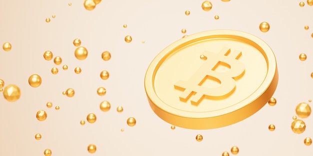 Moneda de oro de la moneda criptográfica de Bitcoin, concepto de inversión en comercio electrónico, render 3d sobre fondo beige