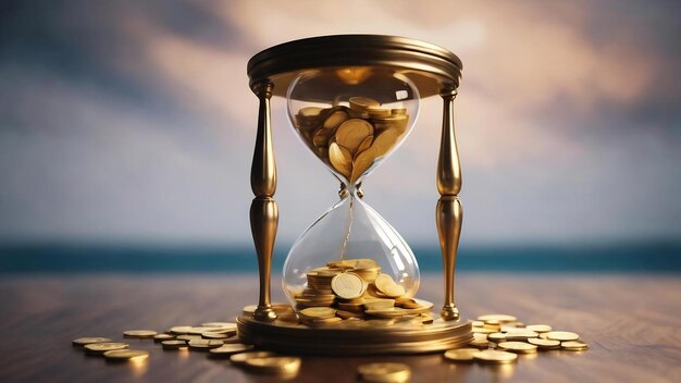 Moneda de oro en el reloj de arena El tiempo es el concepto de dinero