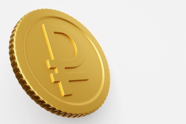Moneda de oro con signo de rublo aislado sobre fondo blanco Representación 3D del concepto de ingresos