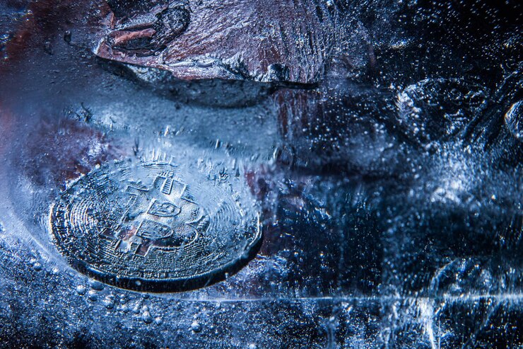 la moneda de plata de la criptomoneda Bitcoin se está congelando en el concepto de intercambio de hielo azul en el invierno criptográfico