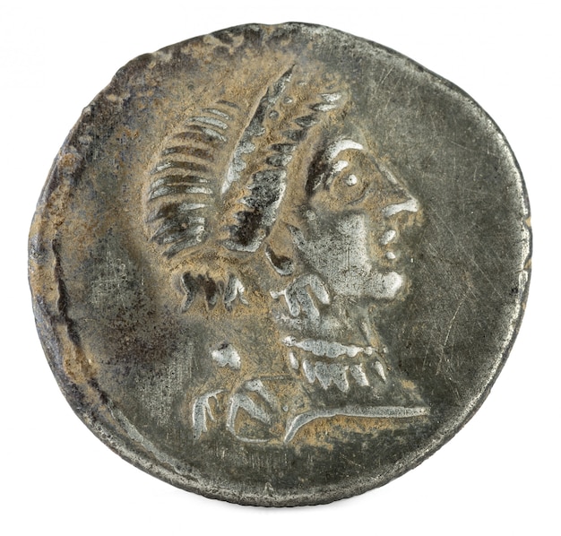 Moneda de la República Romana. Denario de plata romano antiguo de la familia Julia. Julio César.