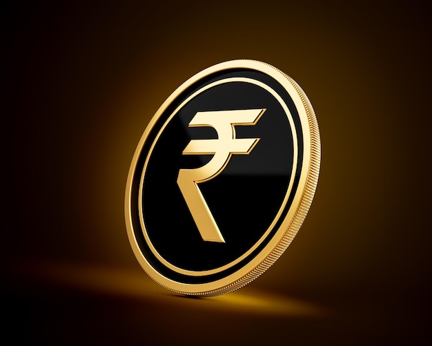 Y una moneda de rupia india de oro redondeada negra aislada en un fondo de brillo dorado brillante Ilustración en 3D