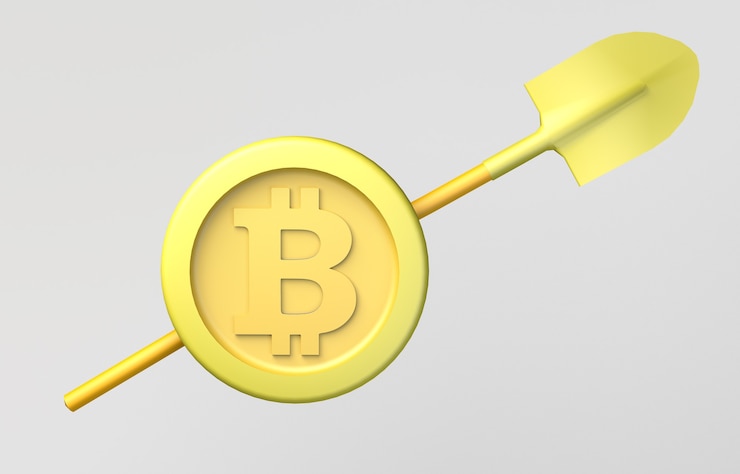 Foto moneda con símbolo de bitcoin y pala para minería de bitcoin en blockchain espacio de copia