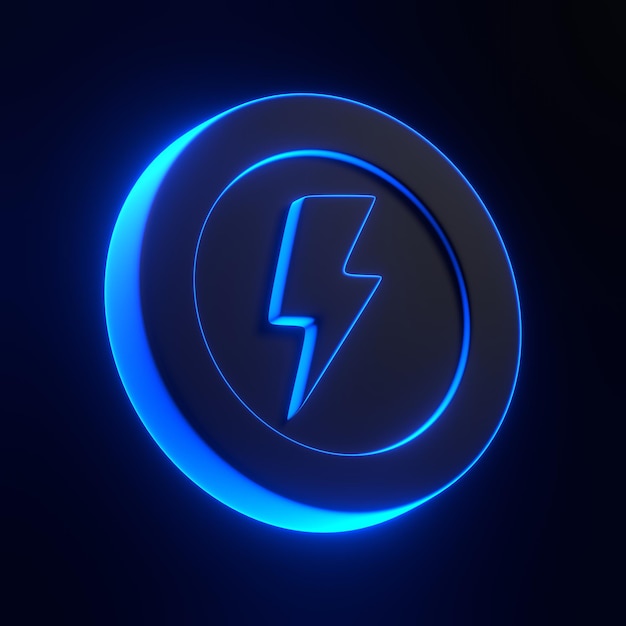 Moneda con el símbolo del rayo con luces de neón azules sobre fondo negro